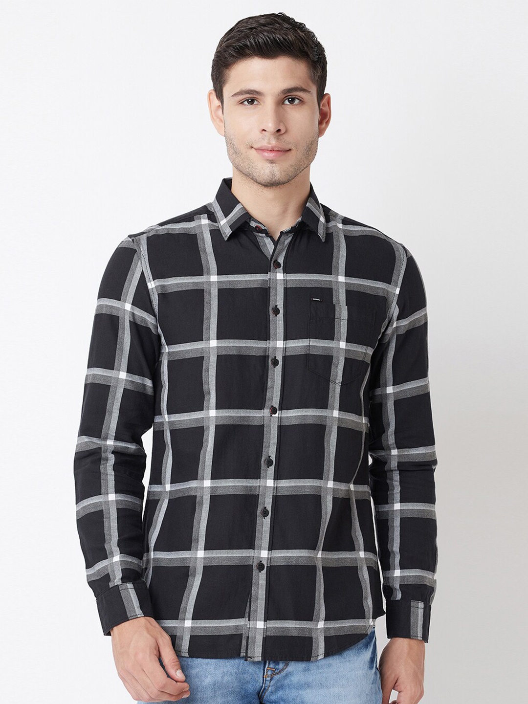 

Blue Buddha Men Black Windowpane Checks Checked Casual Shirt