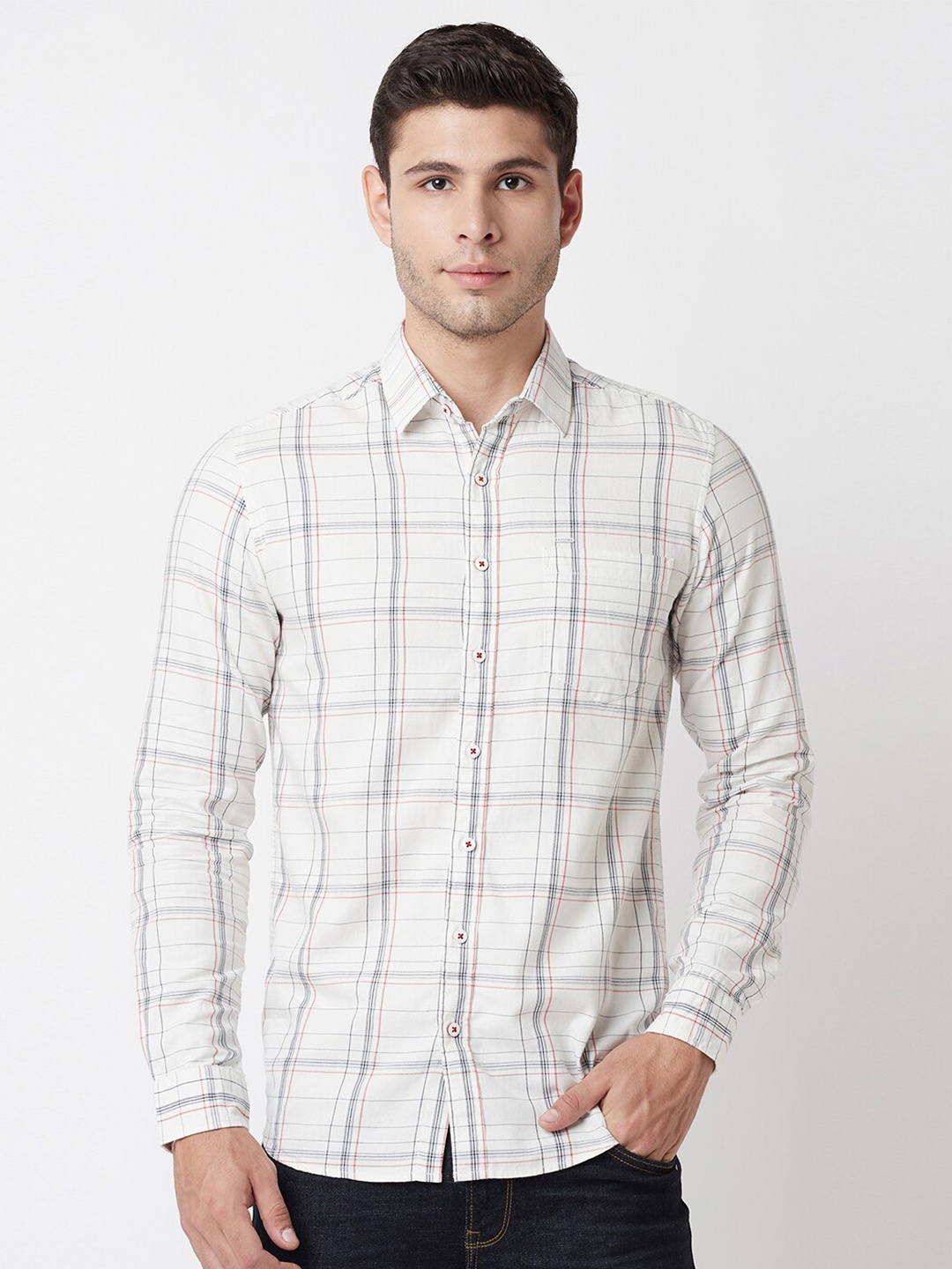 

Blue Buddha Men White Checked Casual Shirt