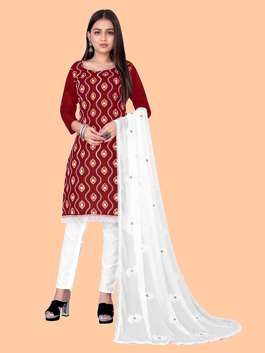 

KALINI Maroon & White Embroidered Pure Cotton Unstitched Dress Material