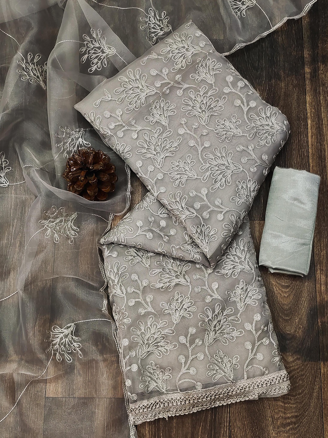 

KALINI Grey Embroidered Organza Unstitched Dress Material