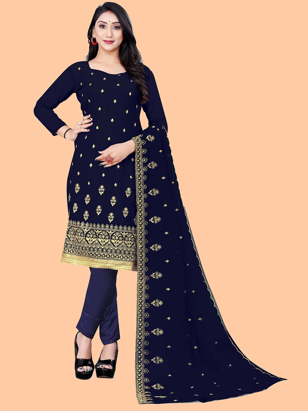 

KALINI Navy Blue & Gold-Toned Embroidered Silk Georgette Unstitched Dress Material