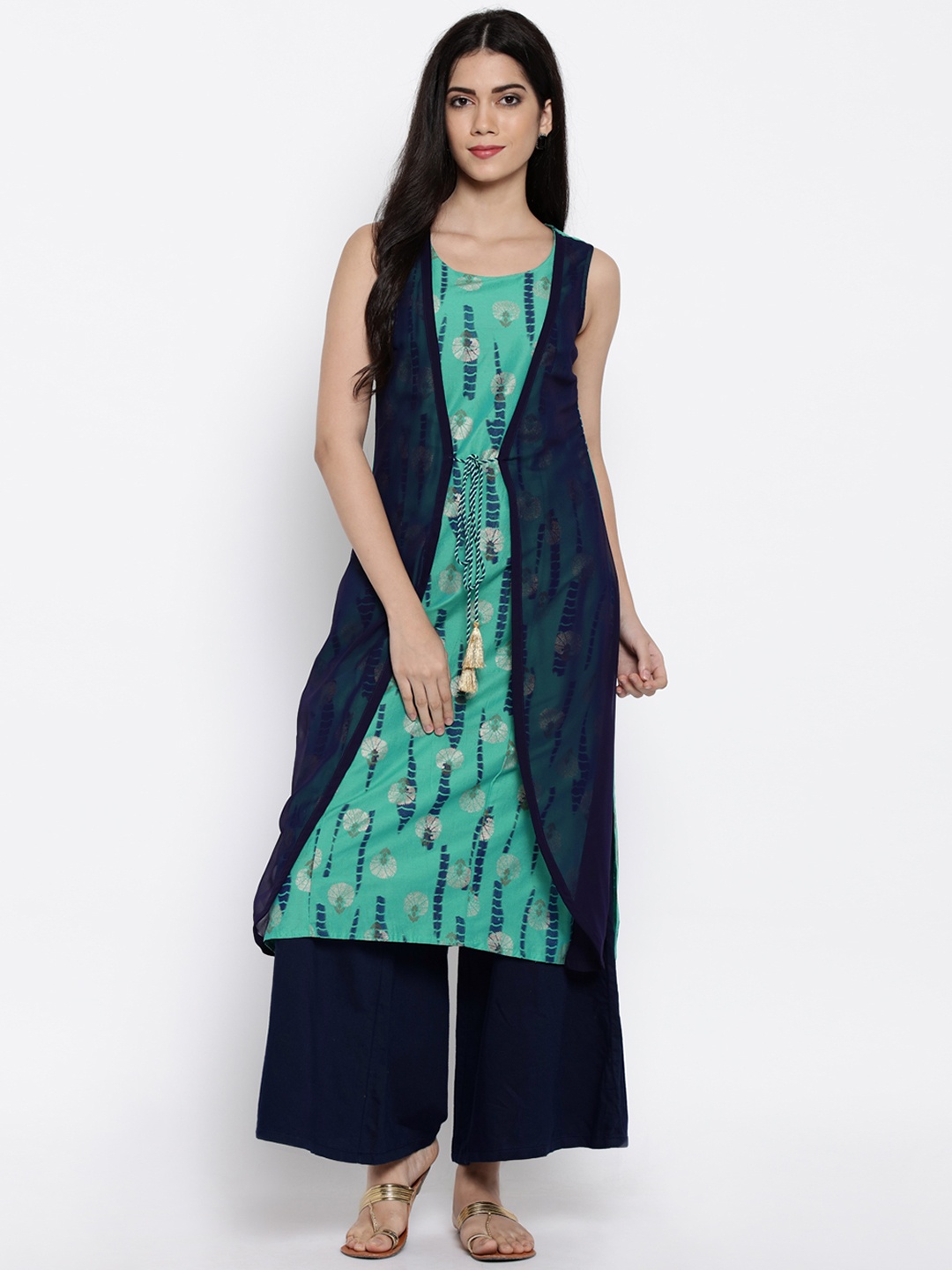 

RANGMANCH BY PANTALOONS Women Green & Navy Printed Straight Kurta