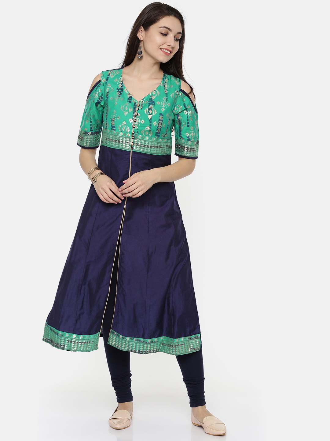 

RANGMANCH BY PANTALOONS Women Navy & Green Printed A-Line Kurta, Navy blue