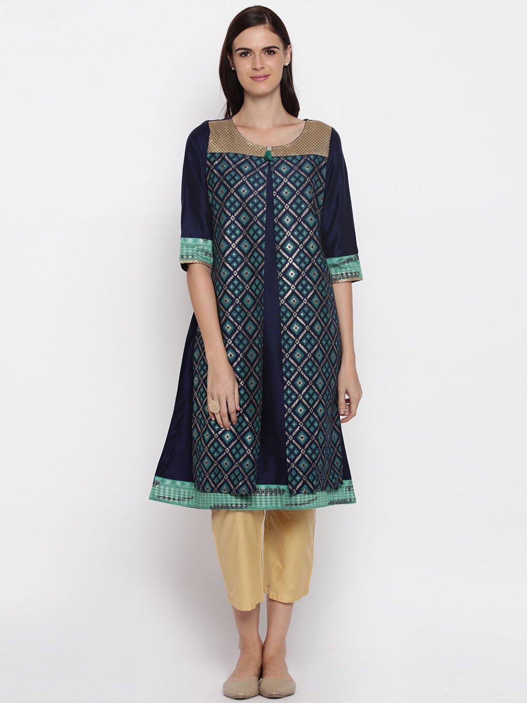 

RANGMANCH BY PANTALOONS Women Navy & Green Woven Design A-Line Kurta, Navy blue