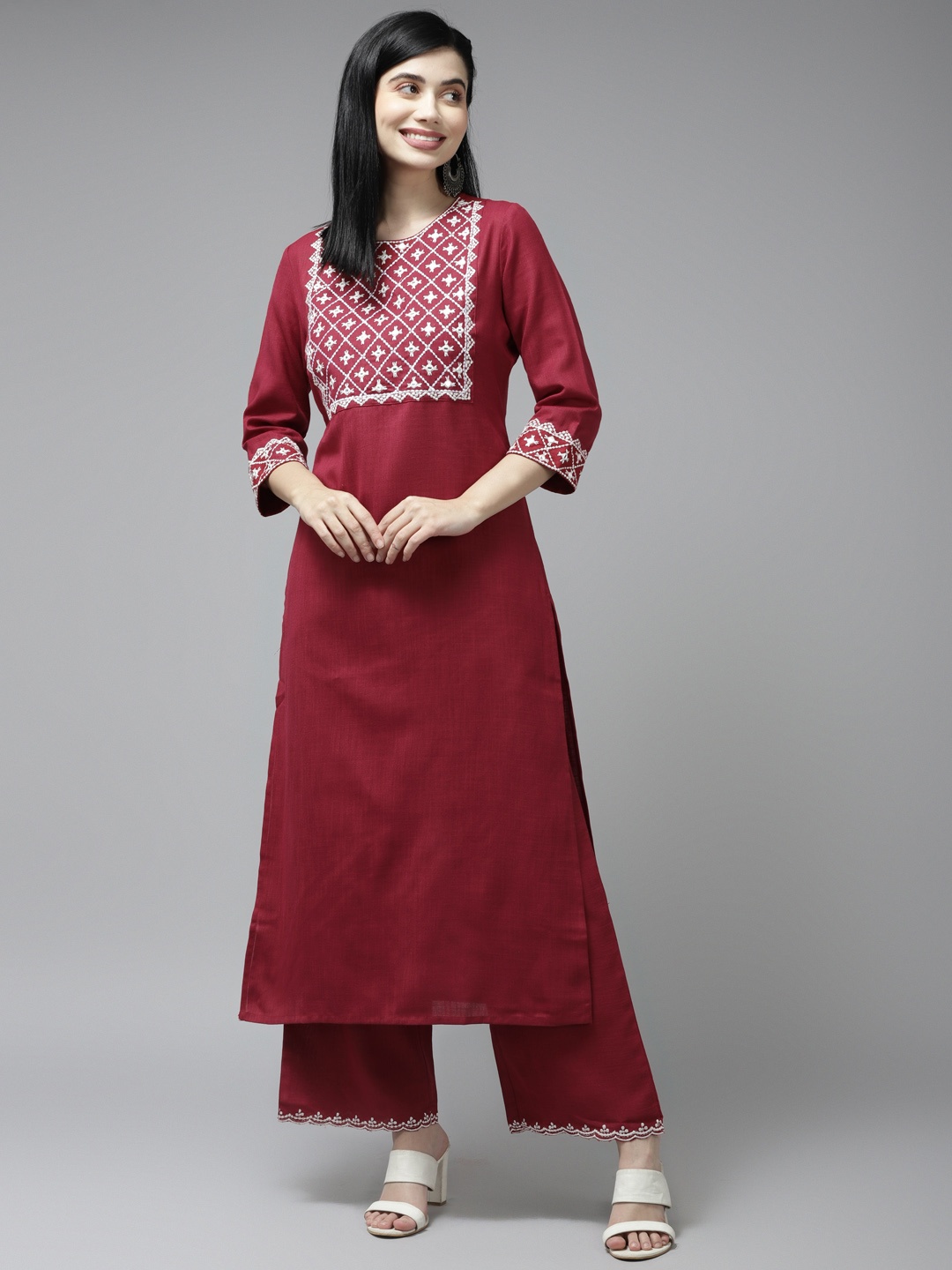 

Amirah s Women Red Ethnic Motifs Embroidered Mirror Work Kurta with Palazzos