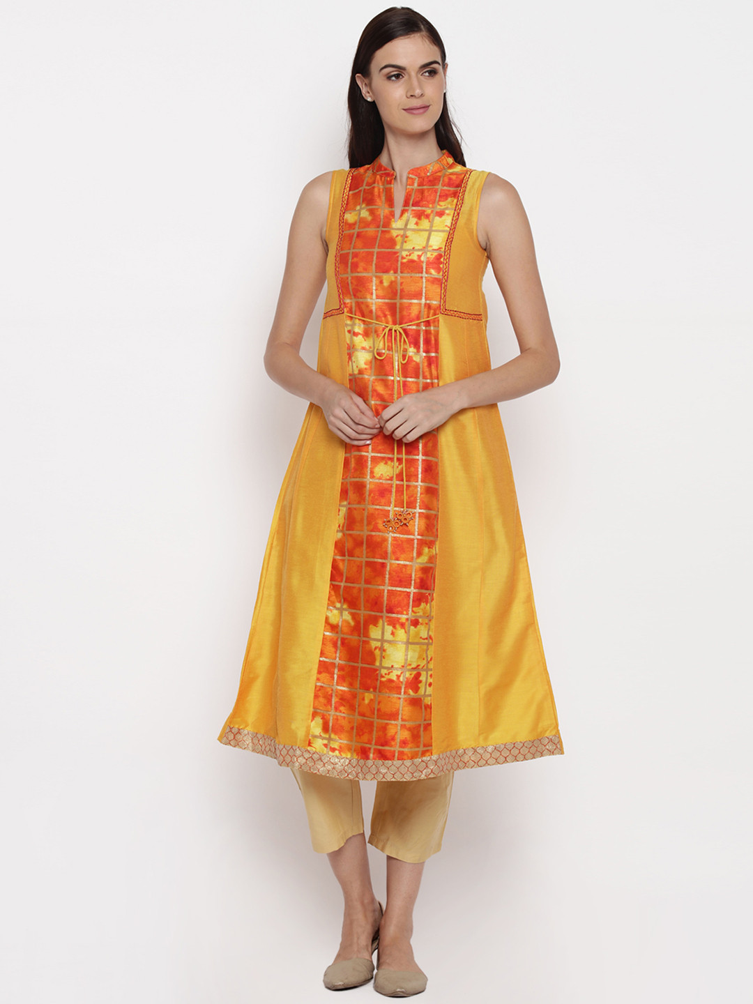 

RANGMANCH BY PANTALOONS Women Mustard Yellow & Orange Printed A-Line Kurta