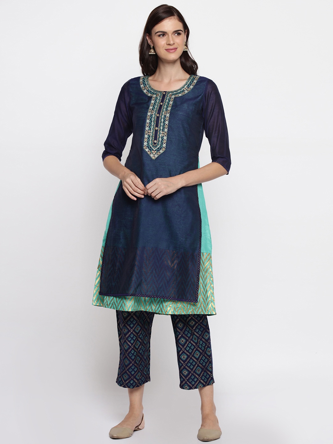 

RANGMANCH BY PANTALOONS Women Navy Blue & Green Solid Layered Straight Kurta