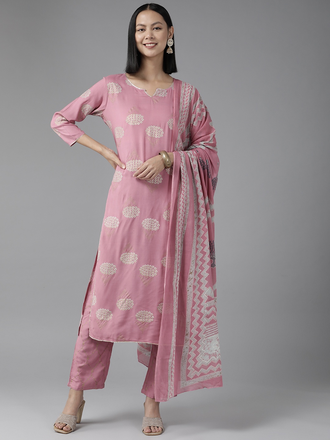

Yufta Women Purple Floral Printed Gotta Patti Kurta with Trousers & Dupatta, Mauve