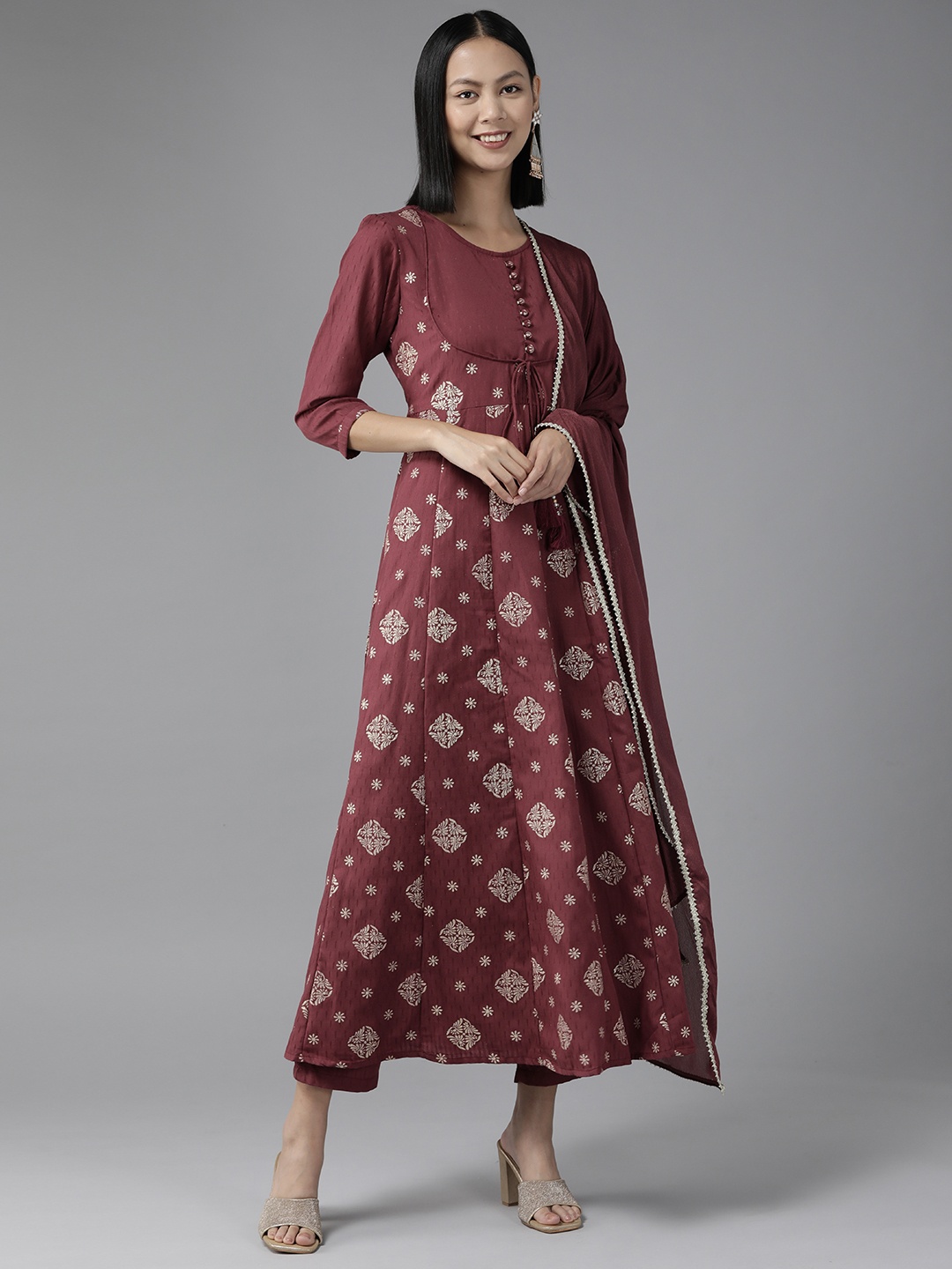 

Yufta Women Burgundy Ethnic Motifs Printed Kurta with Trousers & With Dupatta