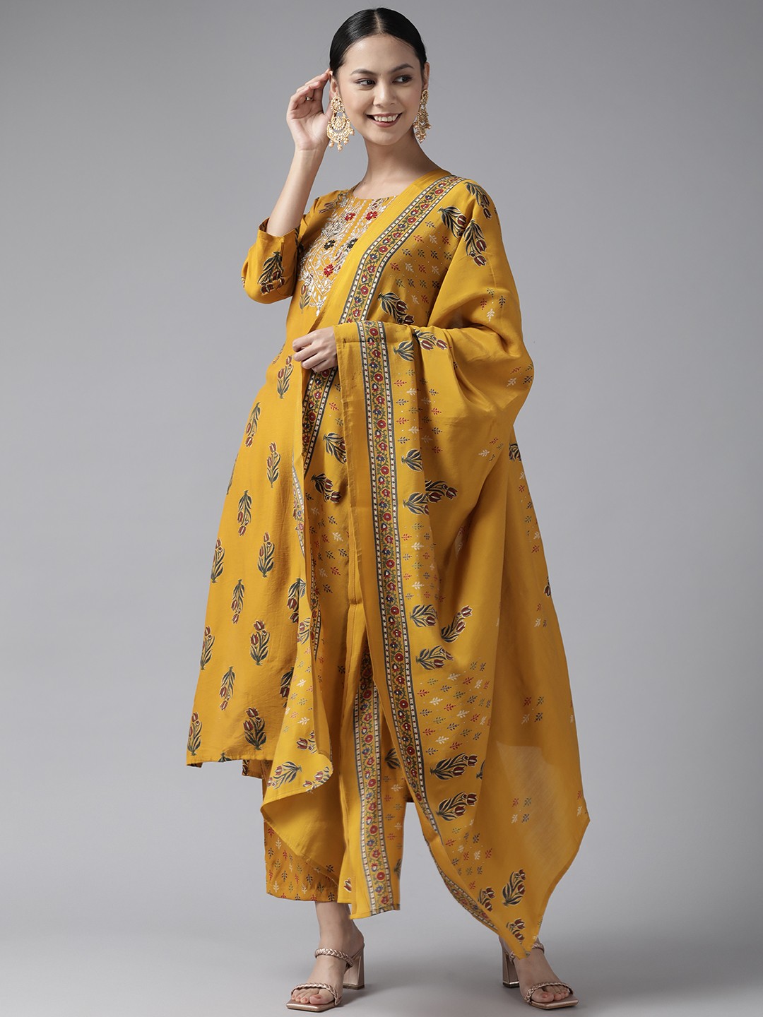 

Yufta Women Mustard Yellow Floral Embroidered Thread Work Kurta with Trousers & With Dupatta