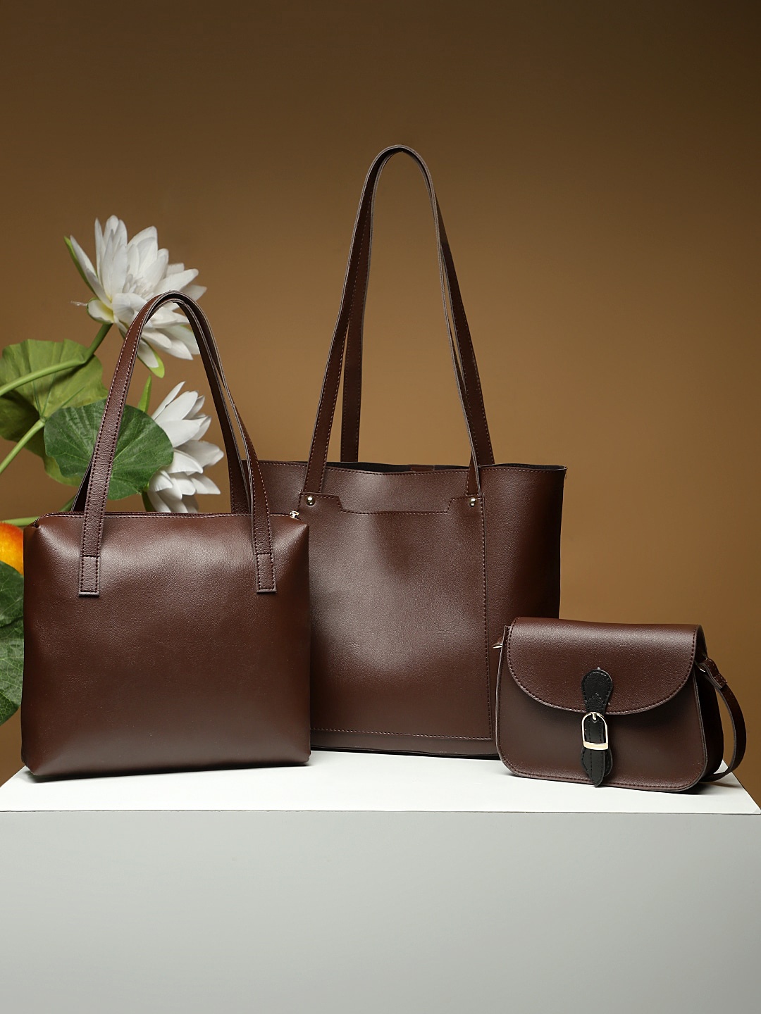 

LEGAL BRIBE Brown Pack Of 3 PU Shopper Shoulder Bag