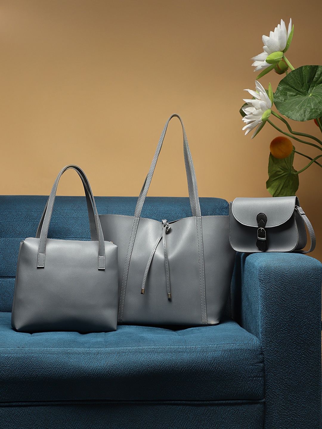 

LEGAL BRIBE Pack Of 3 Grey PU Oversized Structured Tote Bag Set