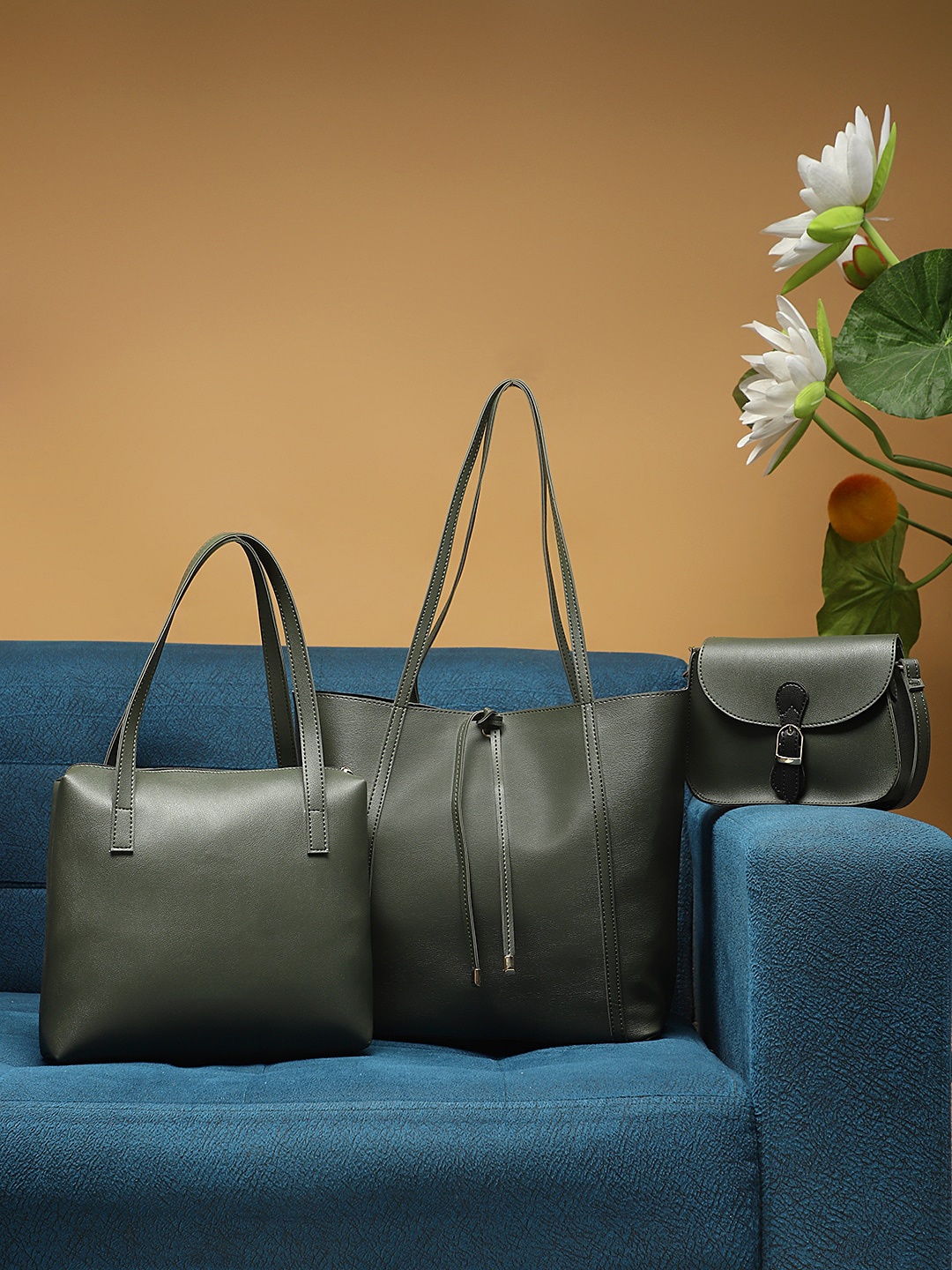 

LEGAL BRIBE Pack Of 3 Olive Green PU Oversized Structured Tote Bag Set