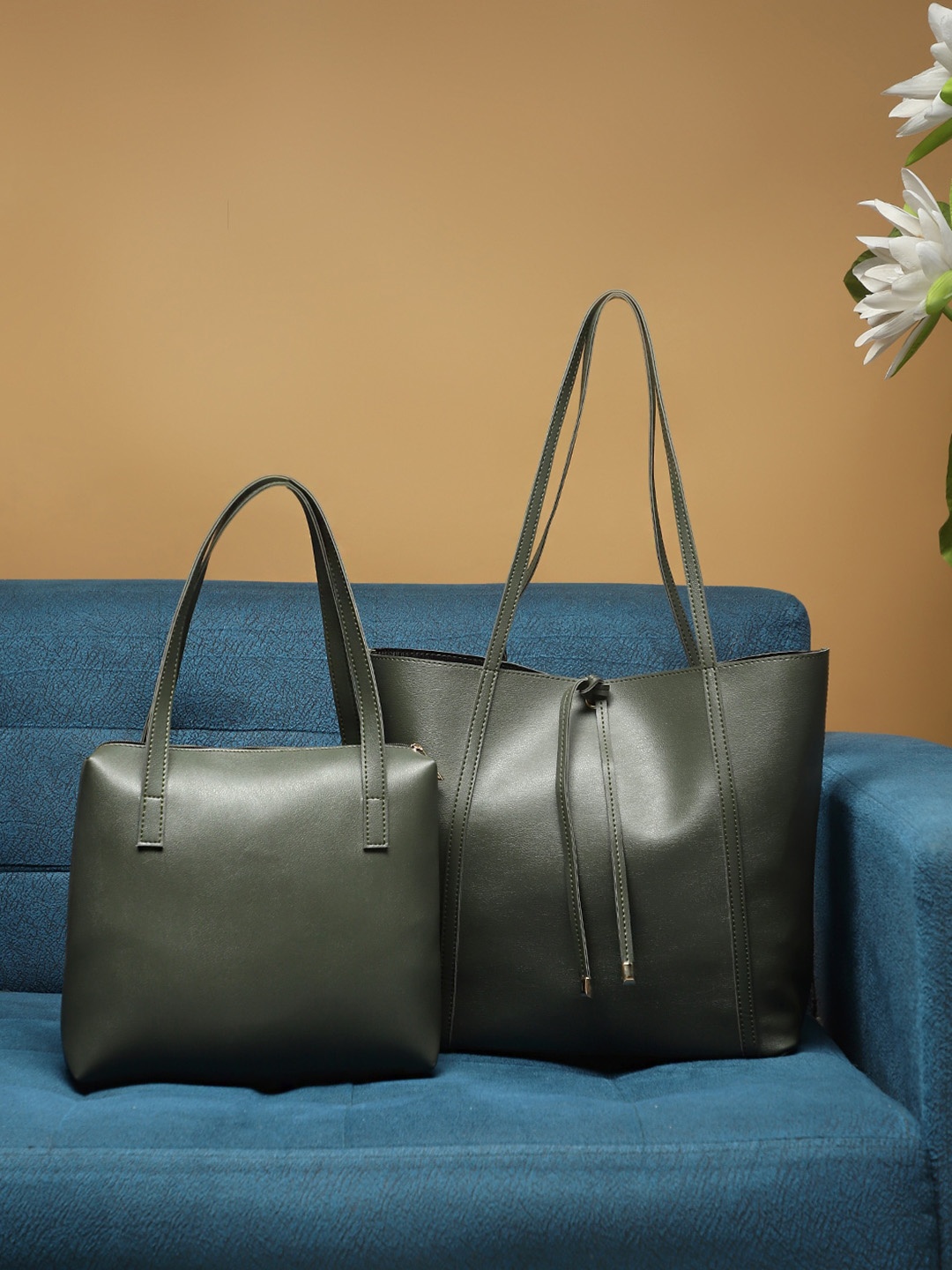 

LEGAL BRIBE Pack Of 2 Olive Green PU Oversized Shopper Tote Bag Set
