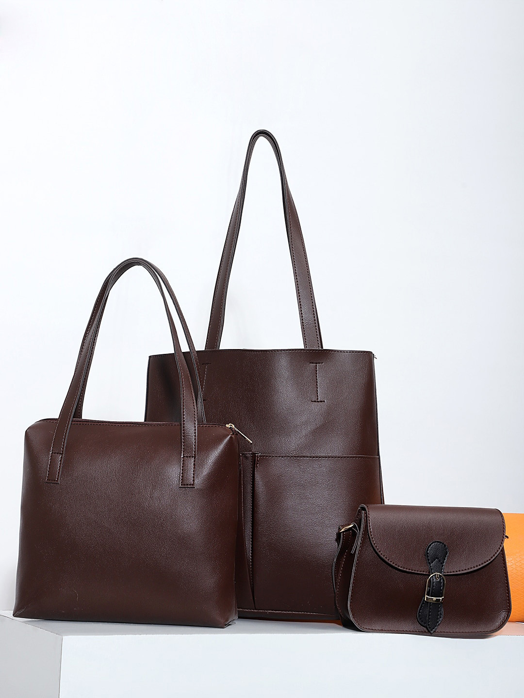 

LEGAL BRIBE Pack Of 3 Brown PU Oversized Shopper Tote Bag Set