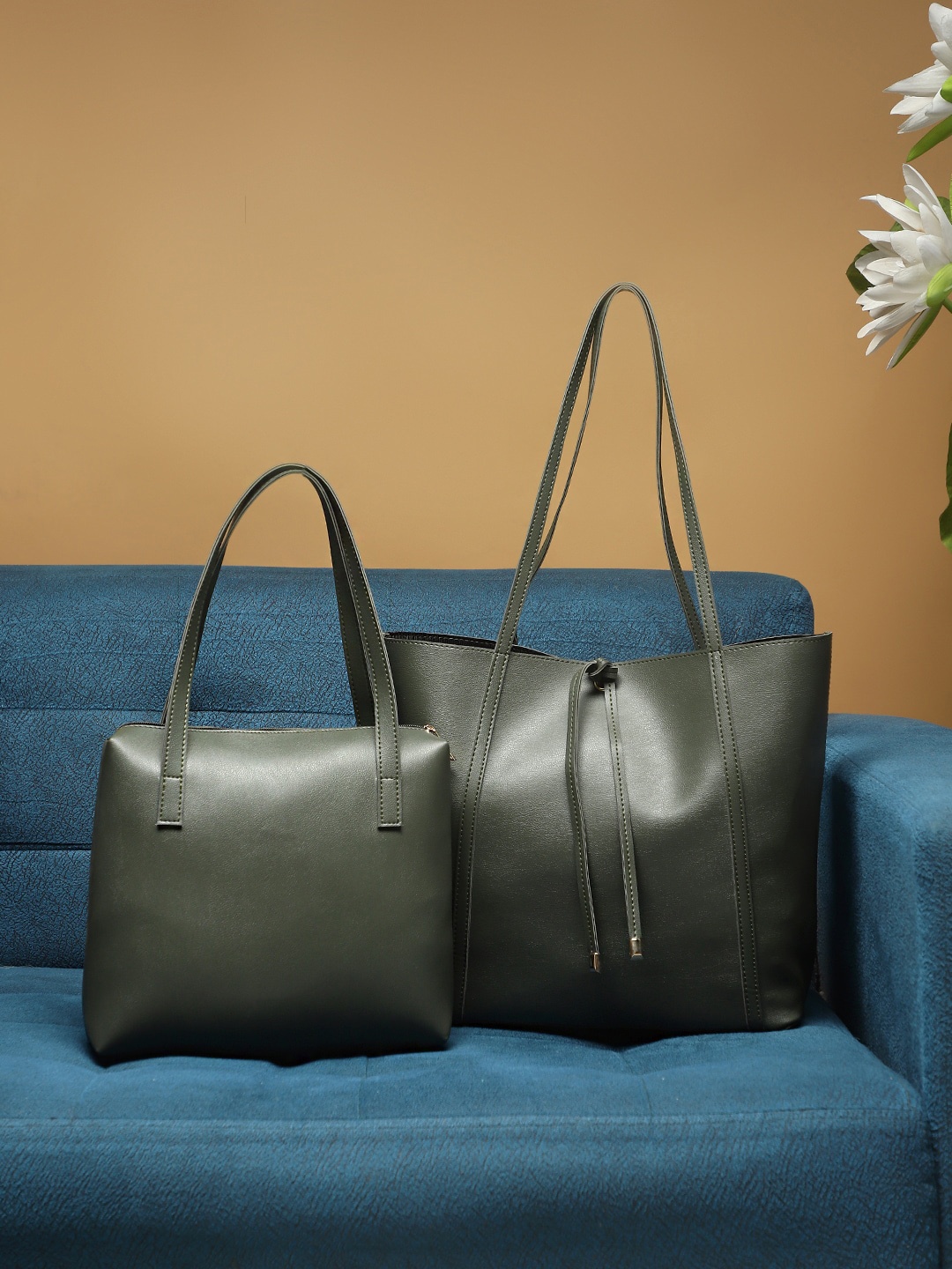 

LEGAL BRIBE Pack Of 2 Olive Green PU Oversized Shopper Tote Bag Set