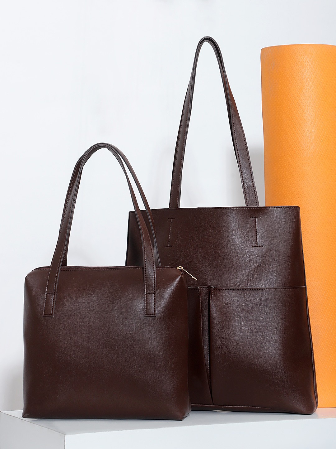 

LEGAL BRIBE Pack Of 2 Brown PU Oversized Shopper Tote Bag Set