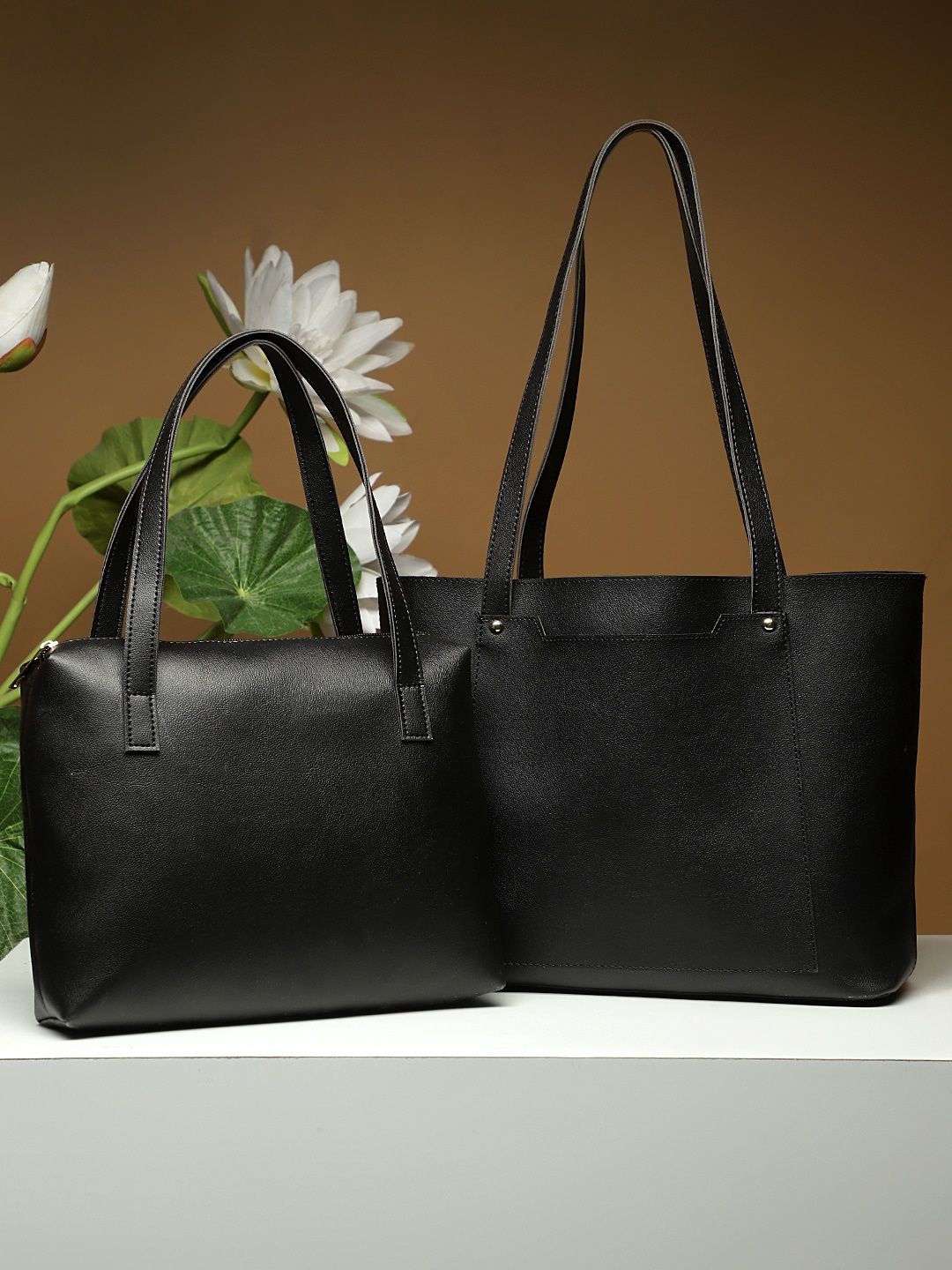 

LEGAL BRIBE Pack Of 2 Black PU Oversized Structured Tote Bag Set