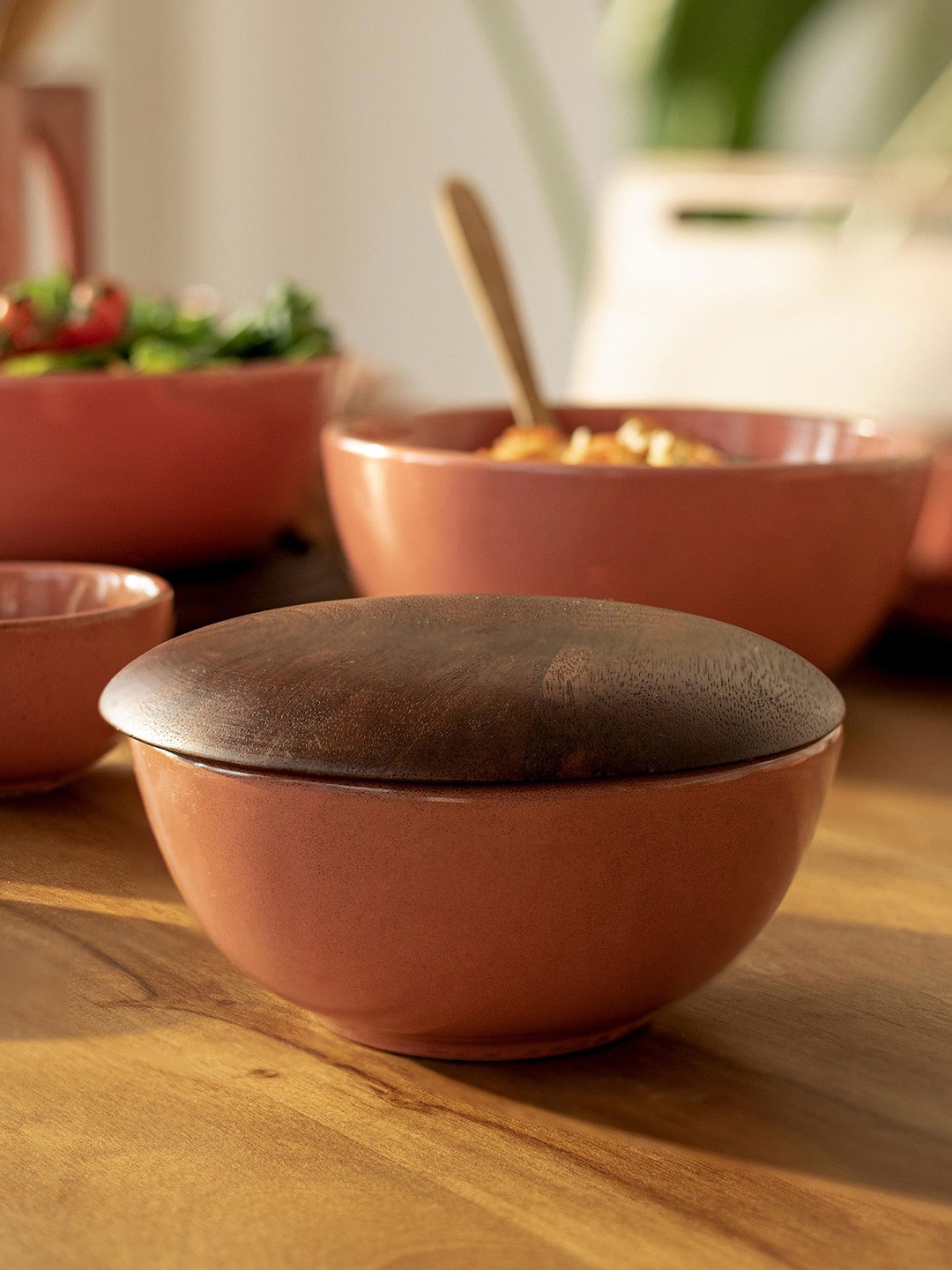 ellementry Brown Solid Ceramic Soup Bowl With Wooden Lid