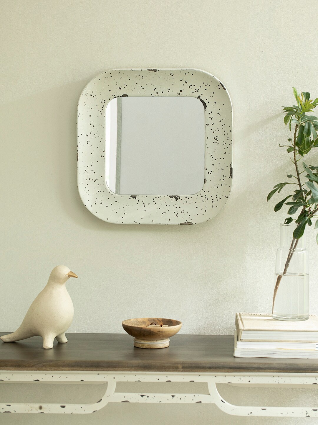 ellementry Off White & Black Printed Farmhouse Flair Square Wall Mirror