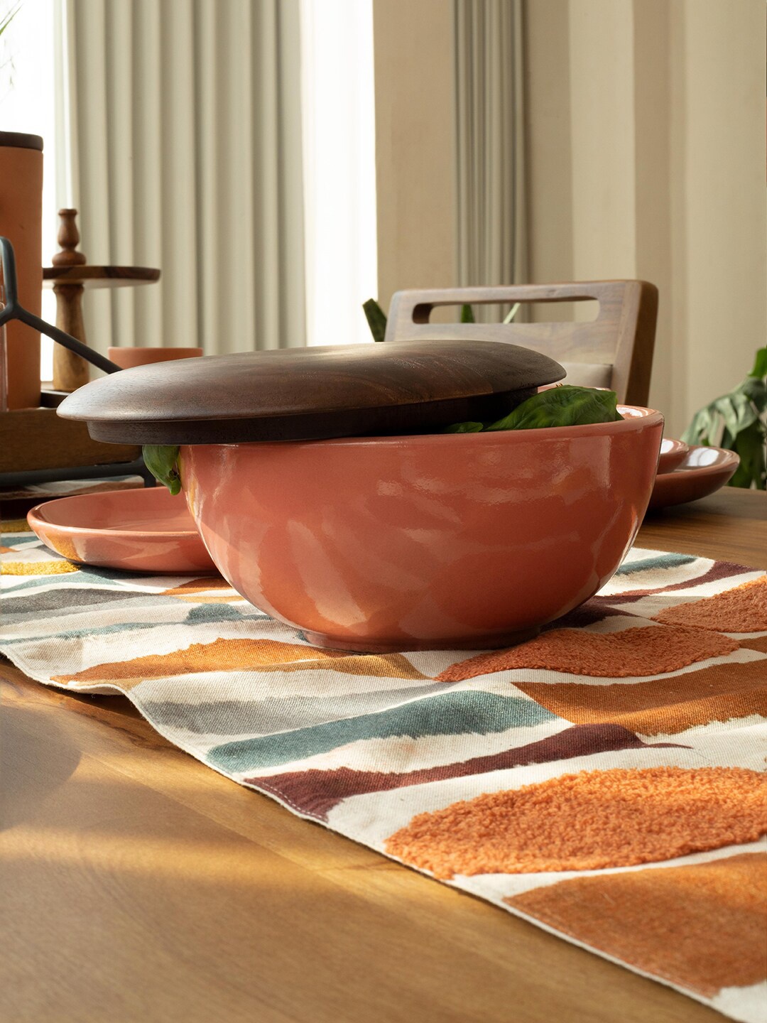 

ellementry Peach & Brown Rustic Reef Ceramic Serving Bowl With Wooden Lid