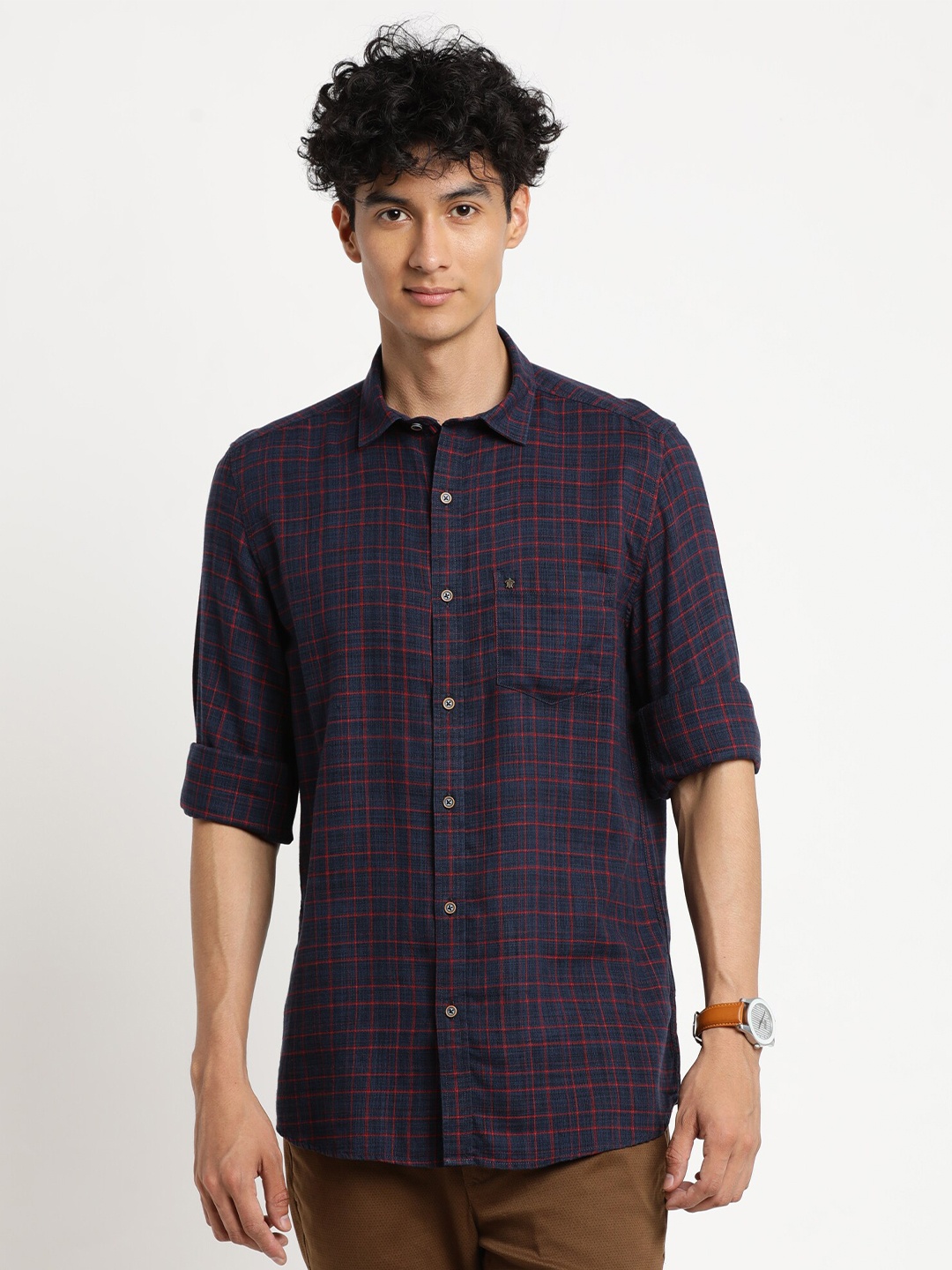 

Turtle Men Navy Blue Relaxed Slim Fit Checked Cotton Casual Shirt