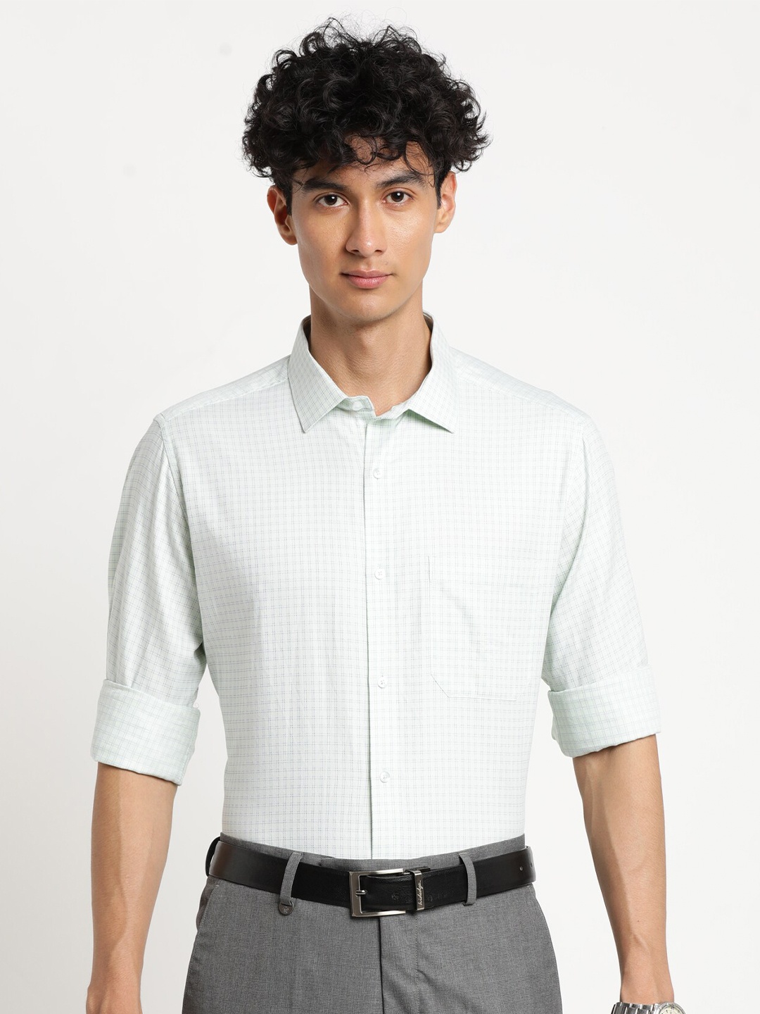 

Turtle Men Green Grid Tattersall Checks Checked Cotton Formal Shirt