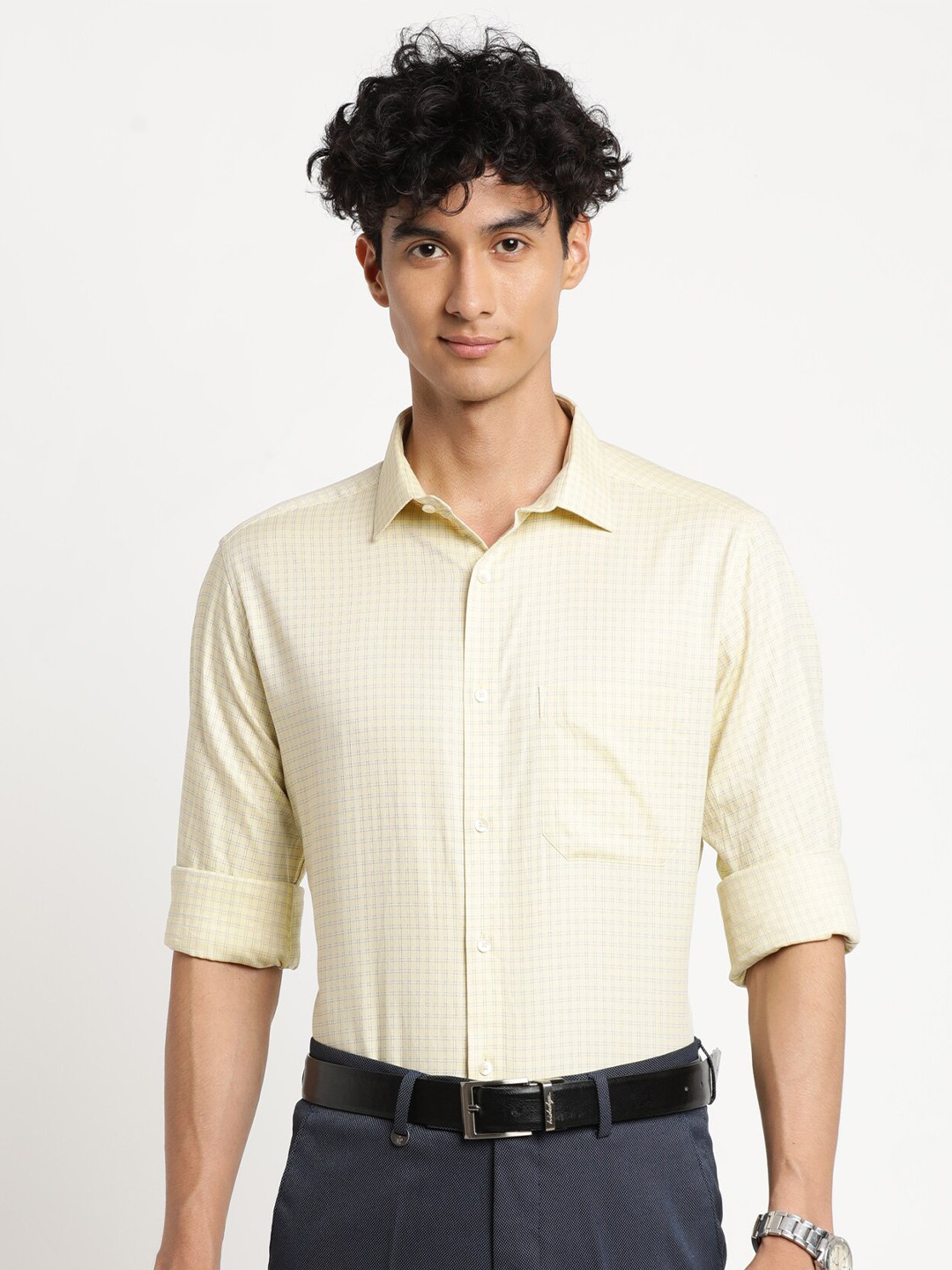 

Turtle Men Yellow Checked Cotton Formal Shirt