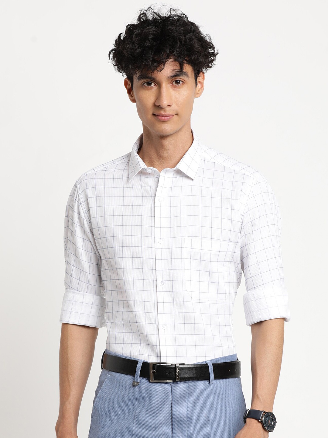 

Turtle Men White Grid Tattersall Checks Checked Cotton Formal Shirt