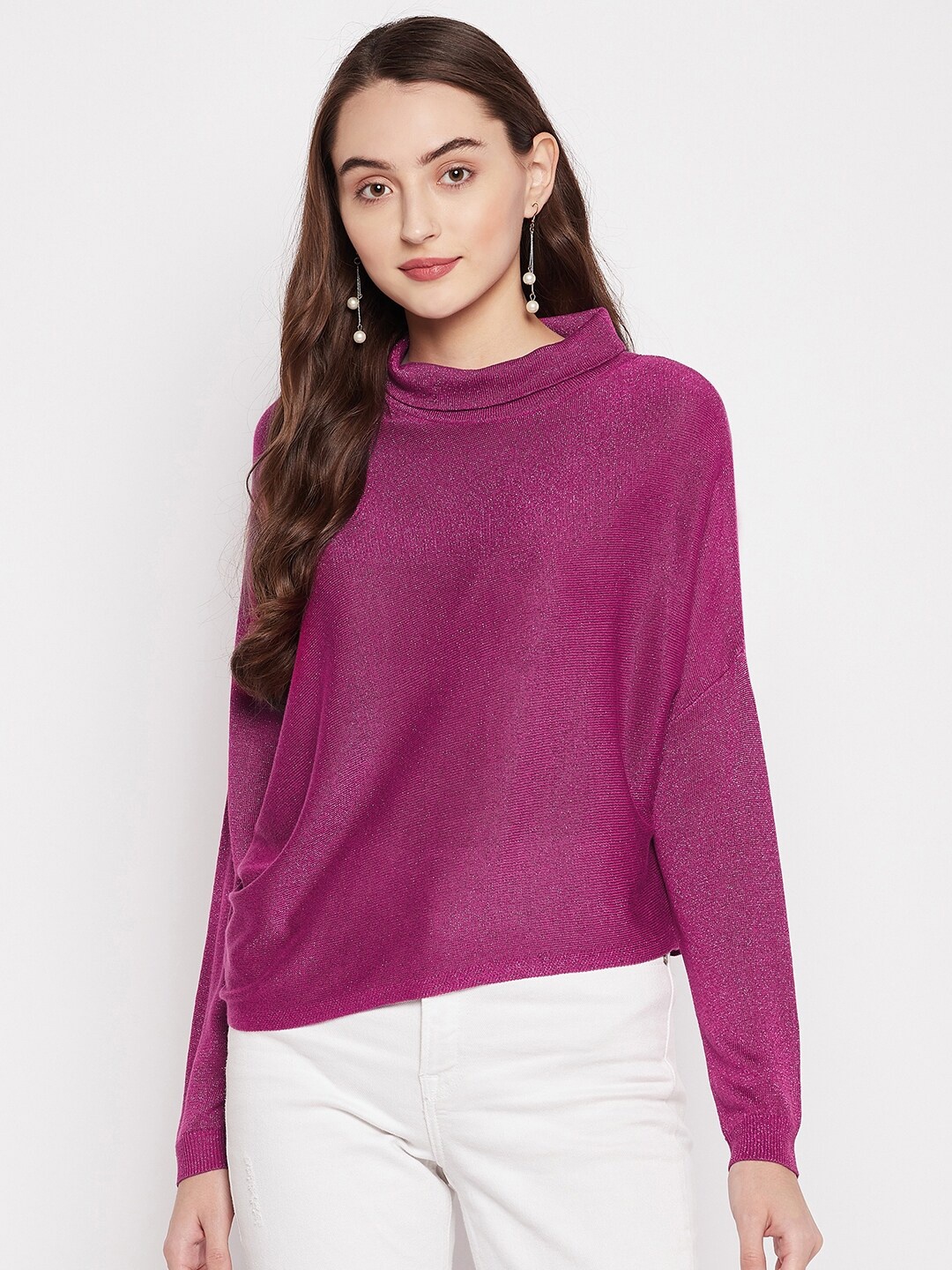 

Madame Women Magenta Solid High Neck Party Top