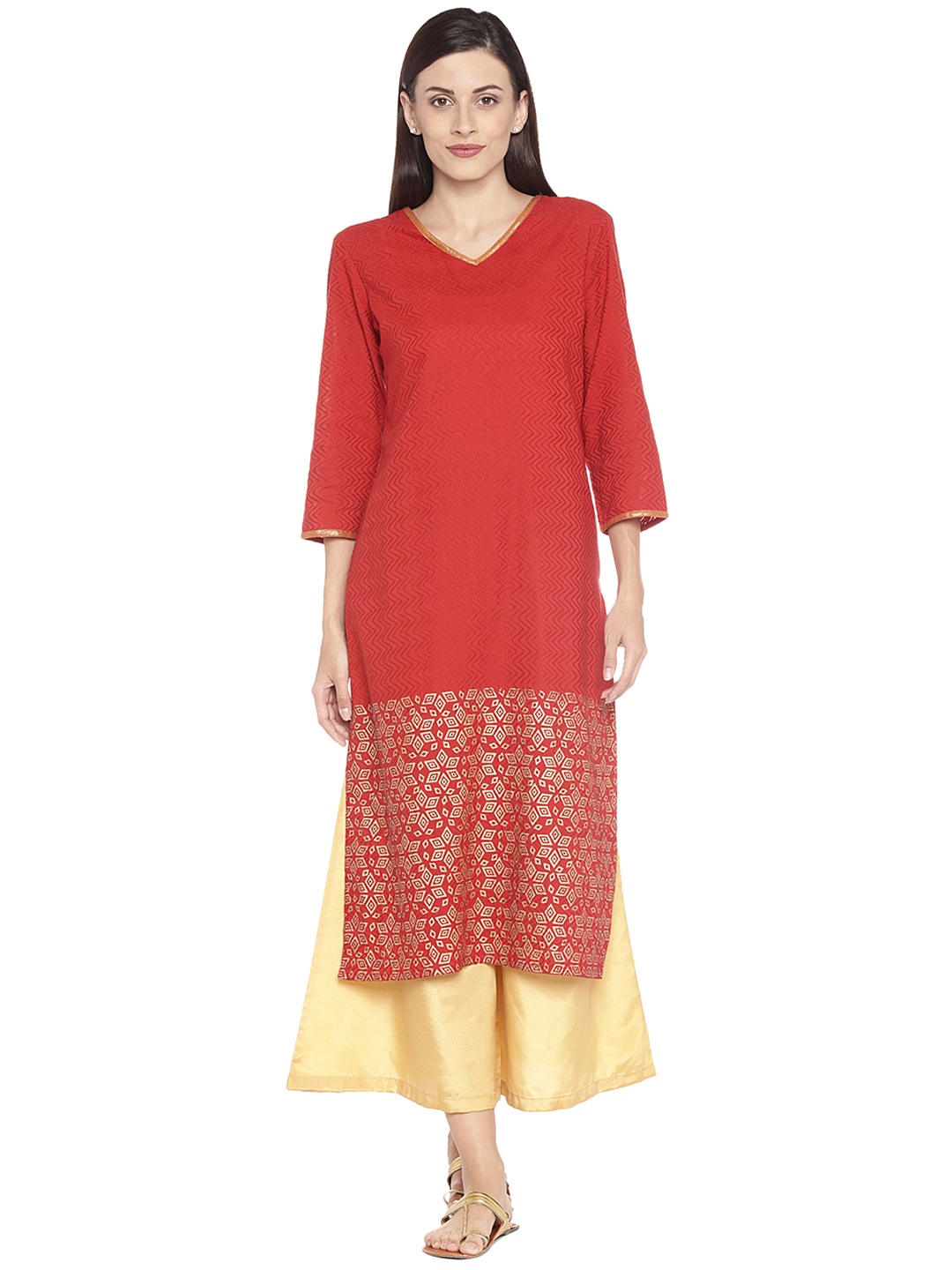 

RANGMANCH BY PANTALOONS Women Red Woven Design Straight Kurta