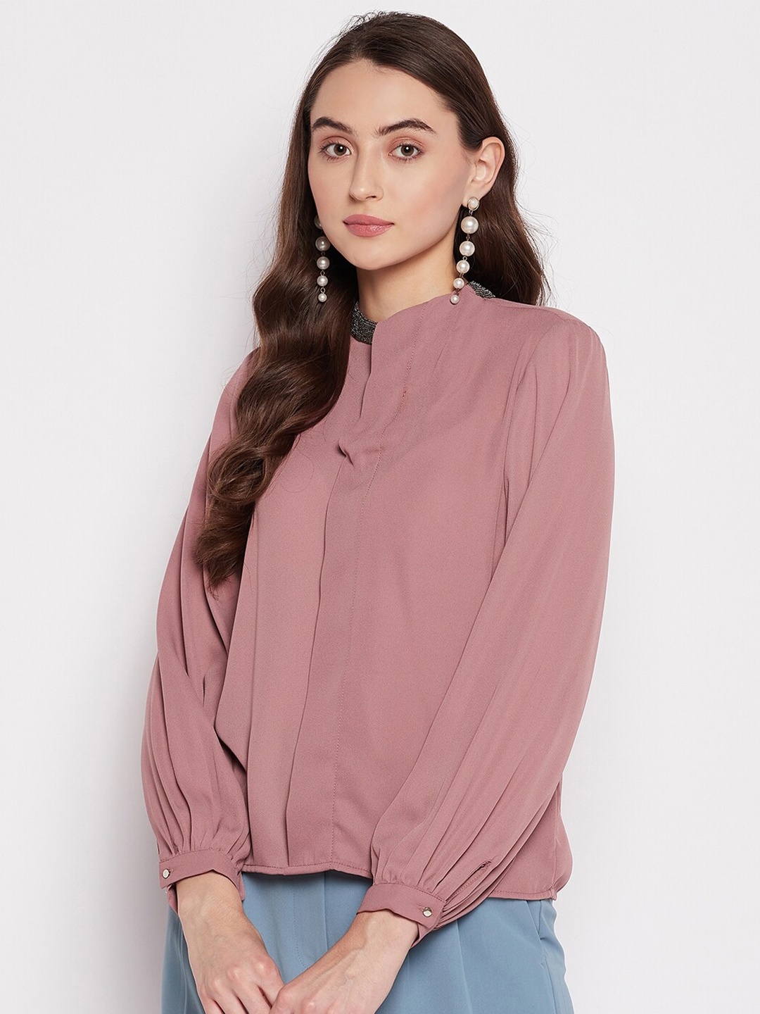 

Madame Women Pink Mandarin Collar Top