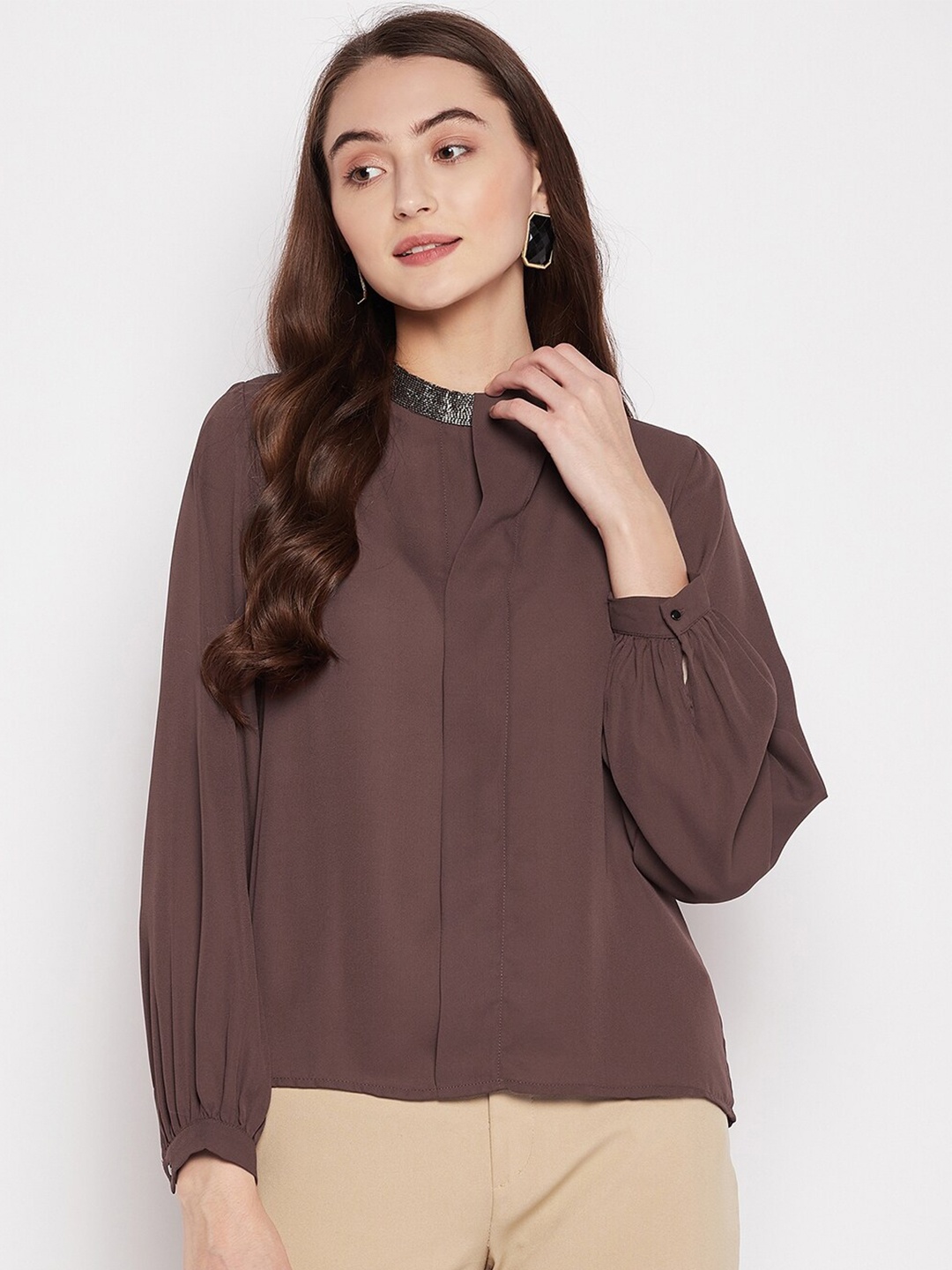 

Madame Women Brown Mandarin Collar Top