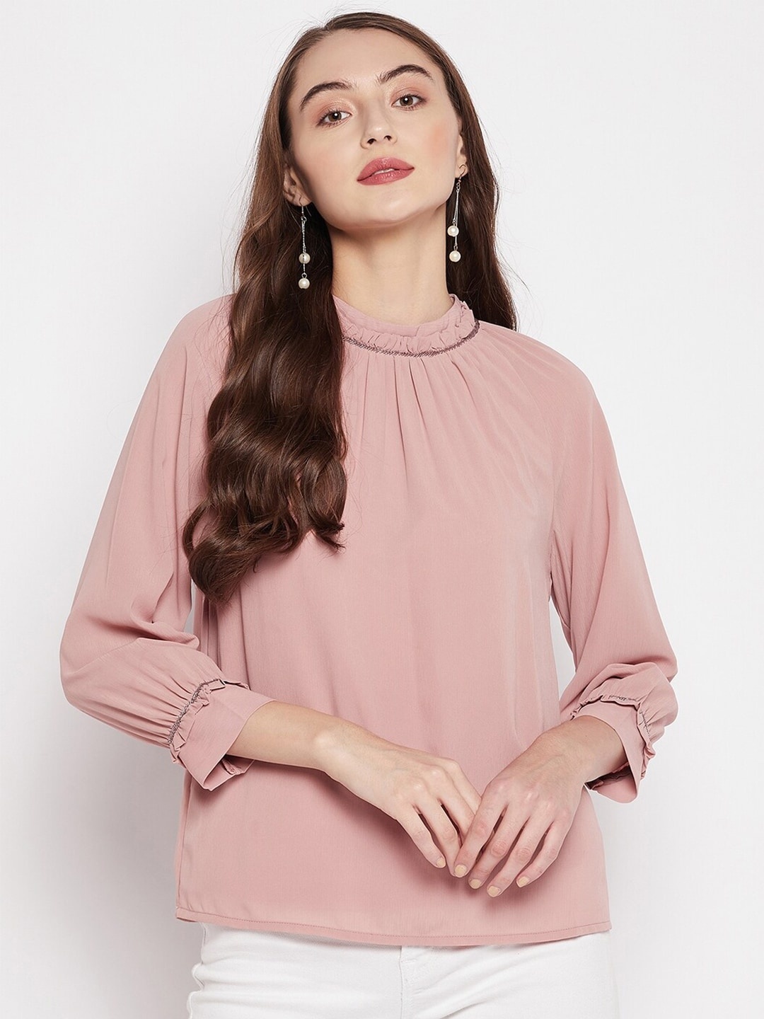 

Madame Woman Pink Solid High Neck Top