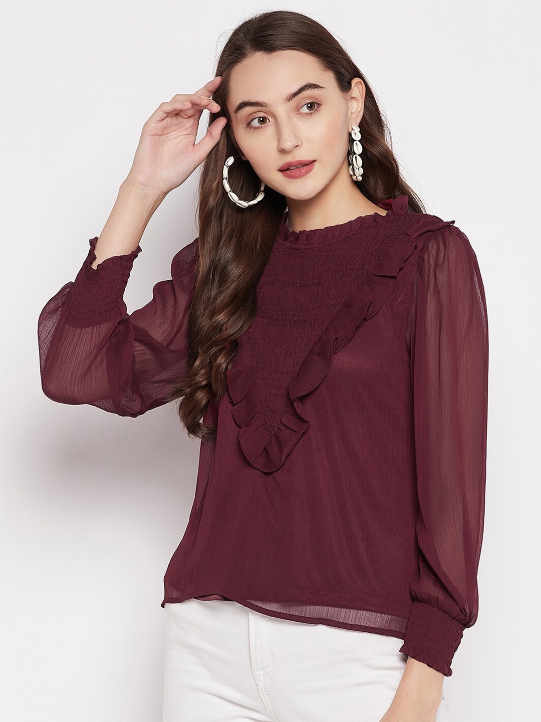 

Madame Woman Maroon Solid Ruffle Top