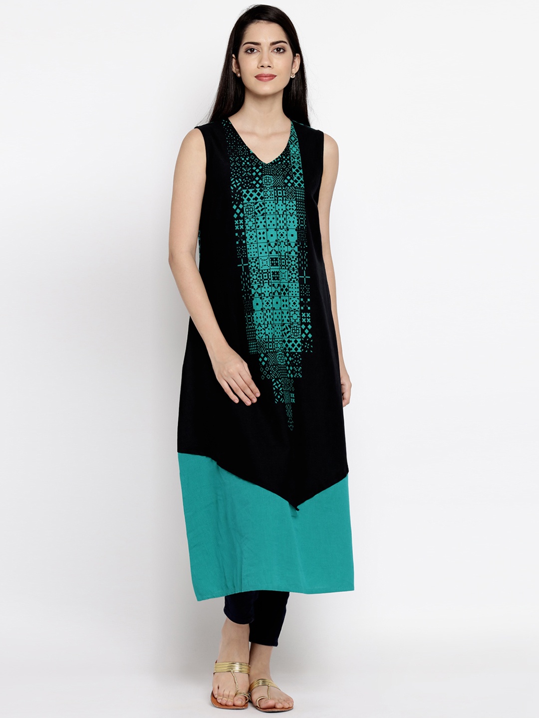 

RANGMANCH BY PANTALOONS Women Black & Green Printed A-Line Kurta