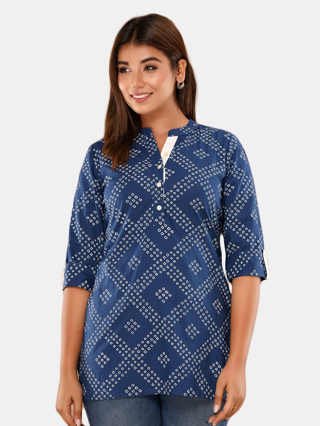 

Saart Bunaai Blue & White Mandarin Collar Printed Tunic