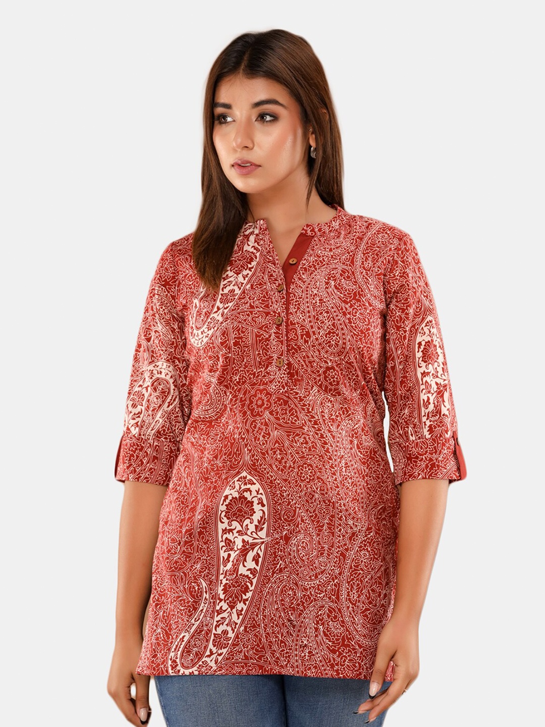 

Saart Bunaai Red & White Mandarin Collar Printed Tunic
