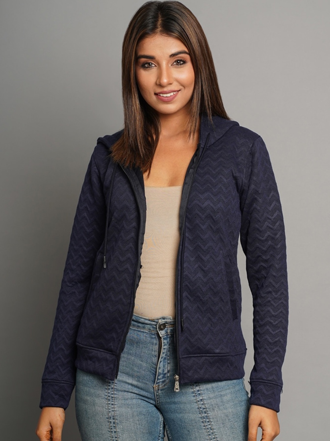 

FLAMBOYANT Women Blue Striped Lightweight Outdoor Hooded Sweatshirt