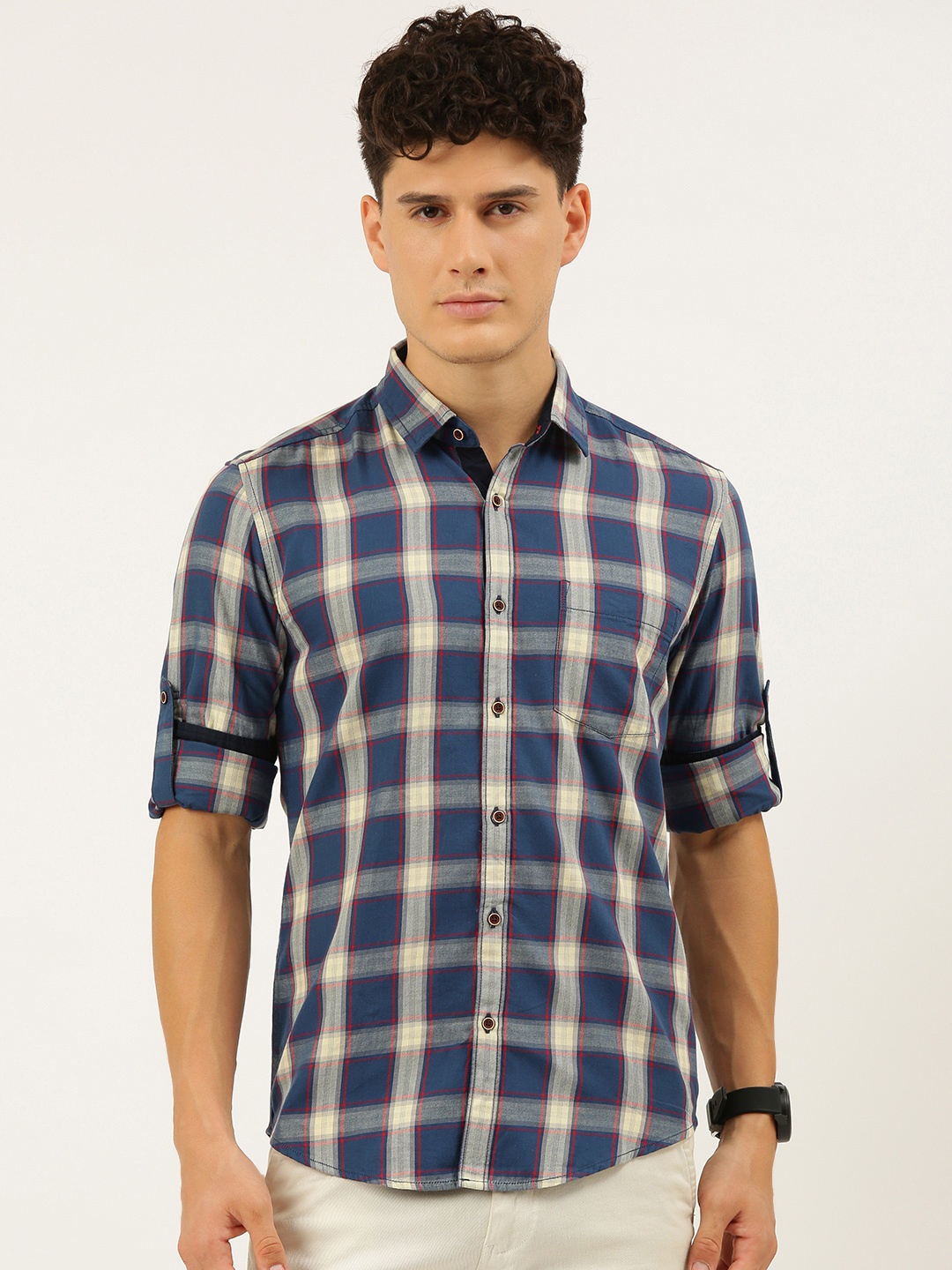 

IVOC Men Slim Fit Windowpane Checked Pure Cotton Casual Shirt, Blue