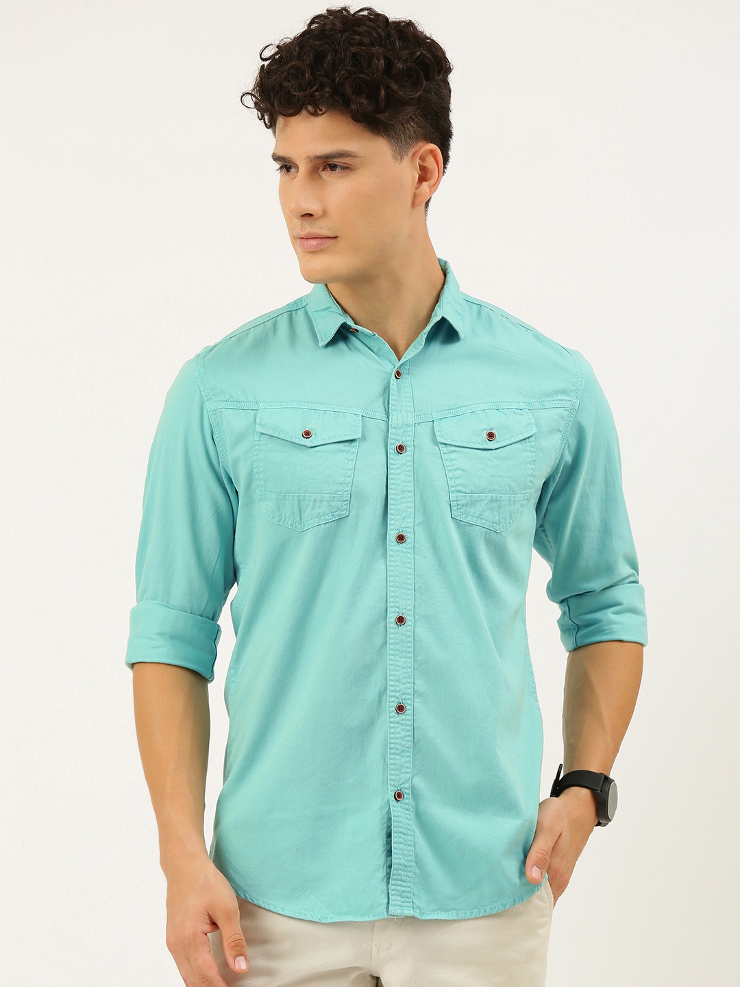 

IVOC Slim Fit Solid Pure Cotton Casual Shirt, Sea green