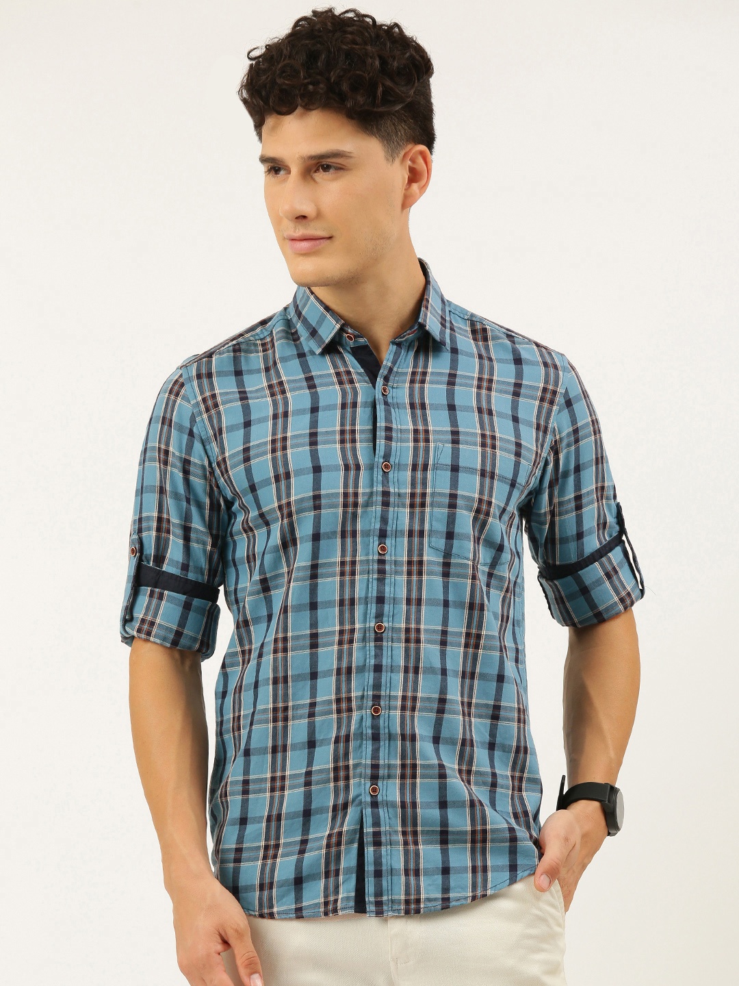 

IVOC Men Navy Blue Pure Cotton Standard Slim Fit Tartan Checked Casual Shirt