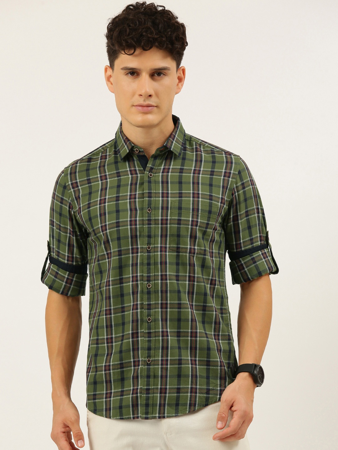 

IVOC Men Olive Green & Brown Pure Cotton Standard Slim Fit Tartan Checked Casual Shirt