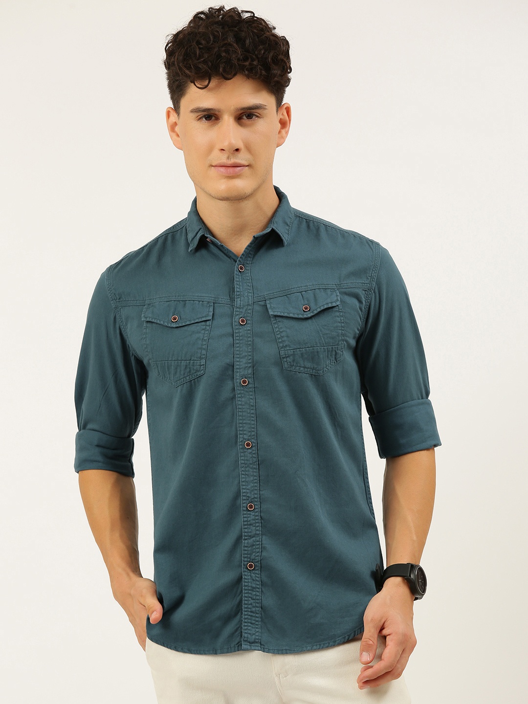 

IVOC Slim Fit Solid Pure Cotton Casual Shirt, Teal