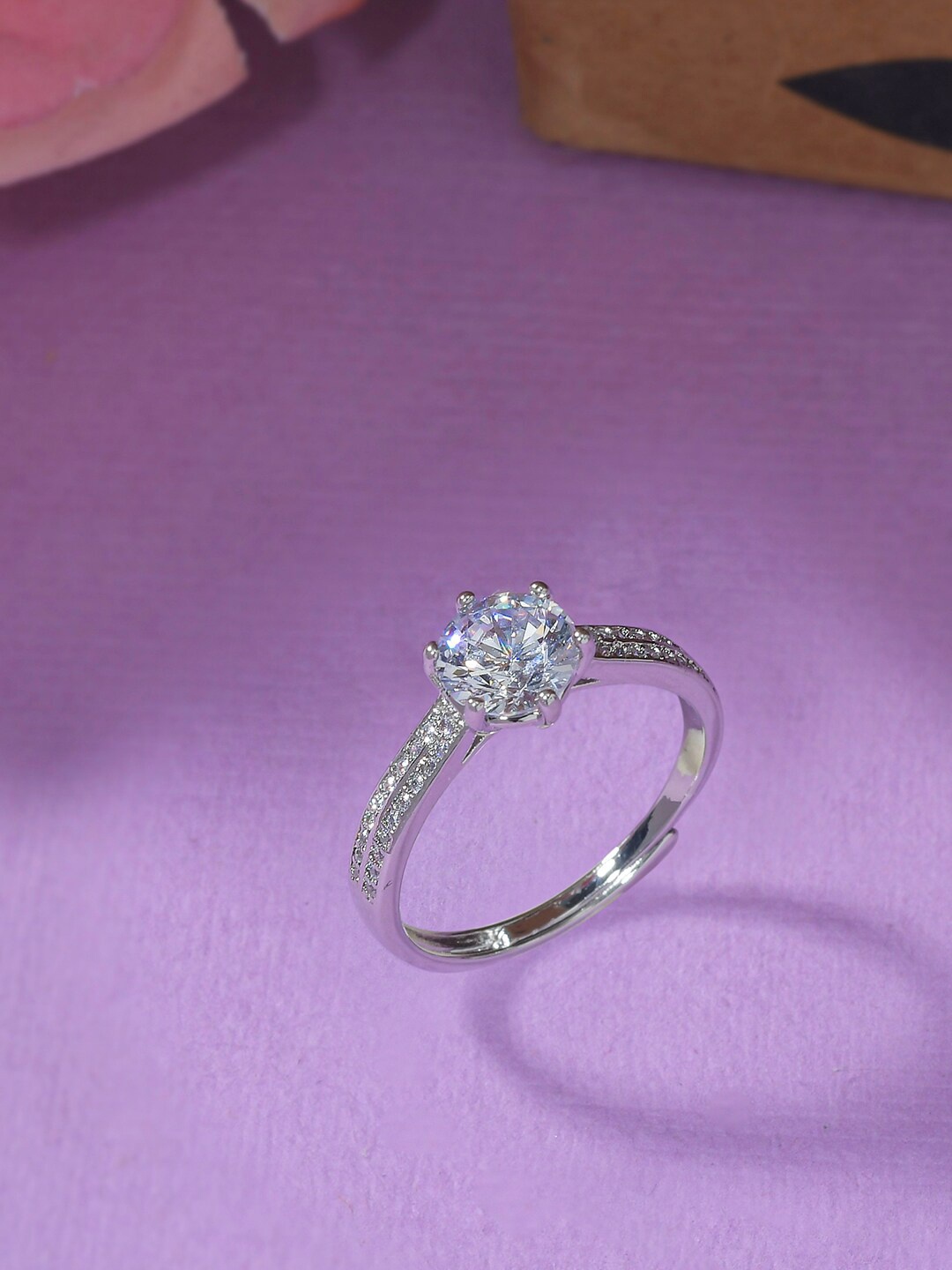 

Voylla Silver-Plated White CZ Studded Brass Finger Ring