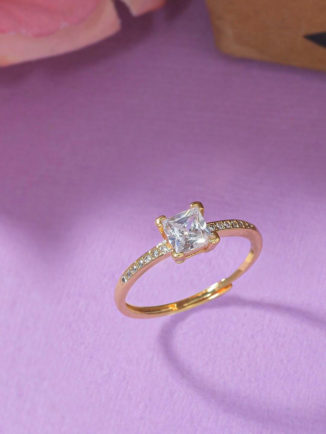 

Voylla Women White Cubic Zirconia Brass Gold Plated Ring