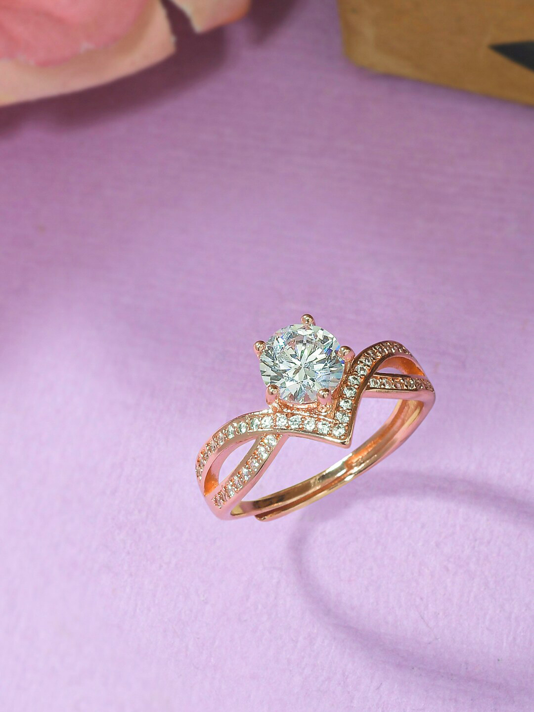 

Voylla Women White Stone-Studded Rose Gold Plated Finger Ring