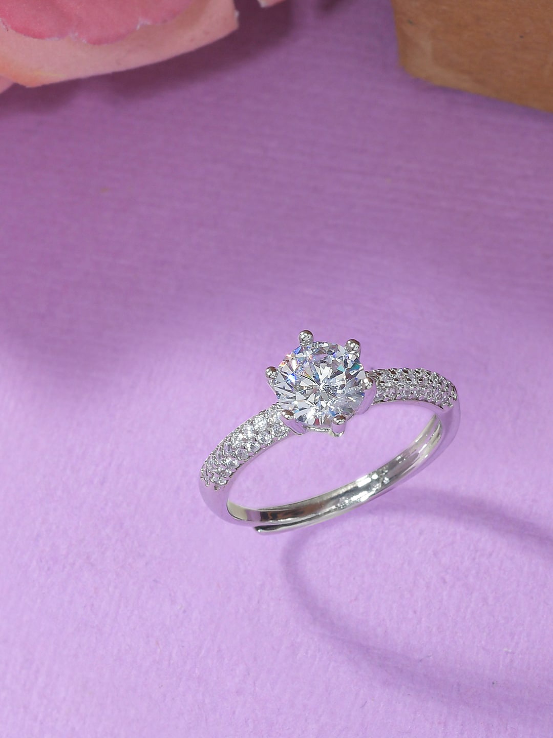 

Voylla Women White CZ Stone-Studded Silver Plated Finger Ring