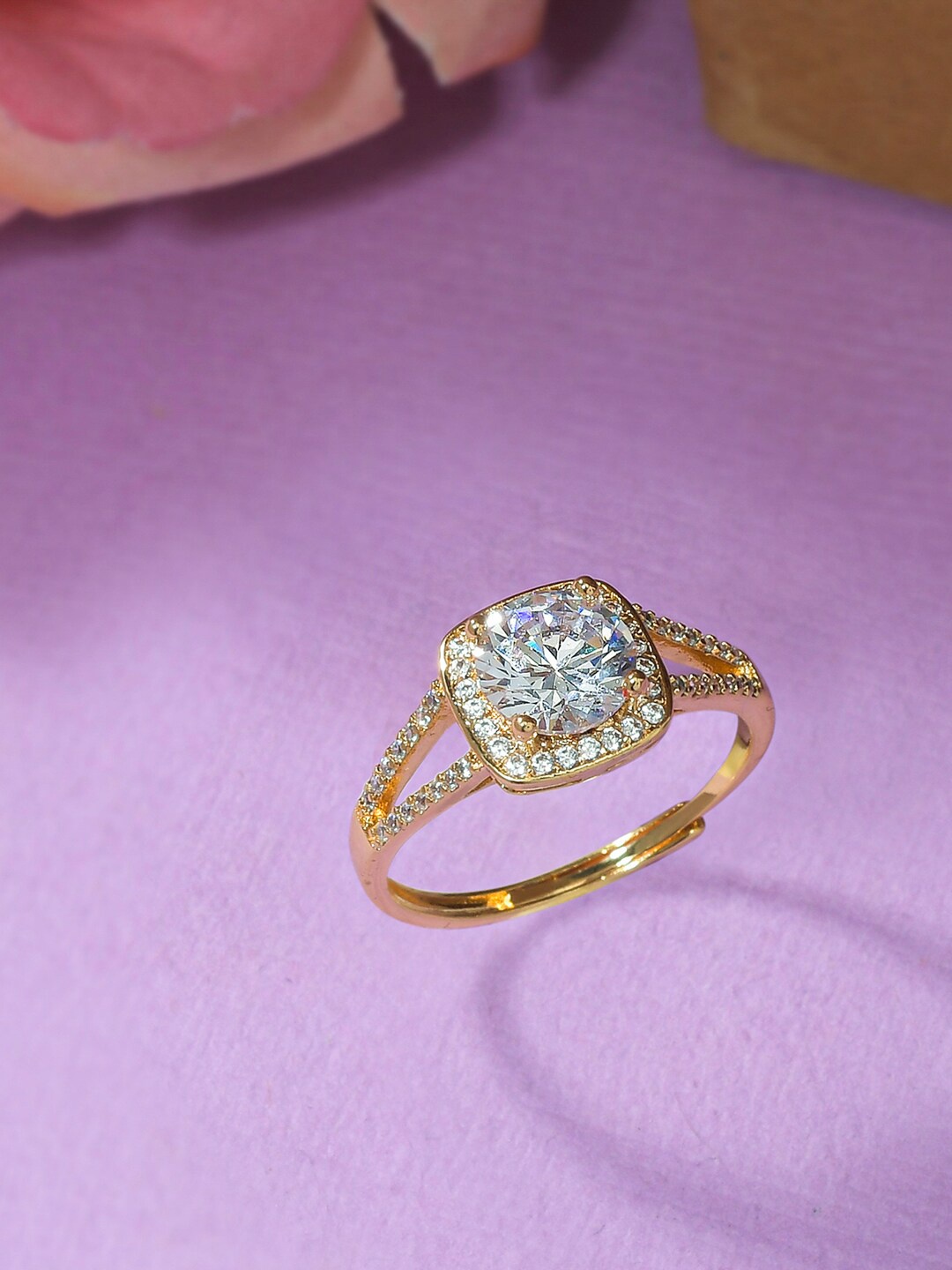 

Voylla Women Gold-Plated White Cubic Zirconia Adjustable Finger Ring