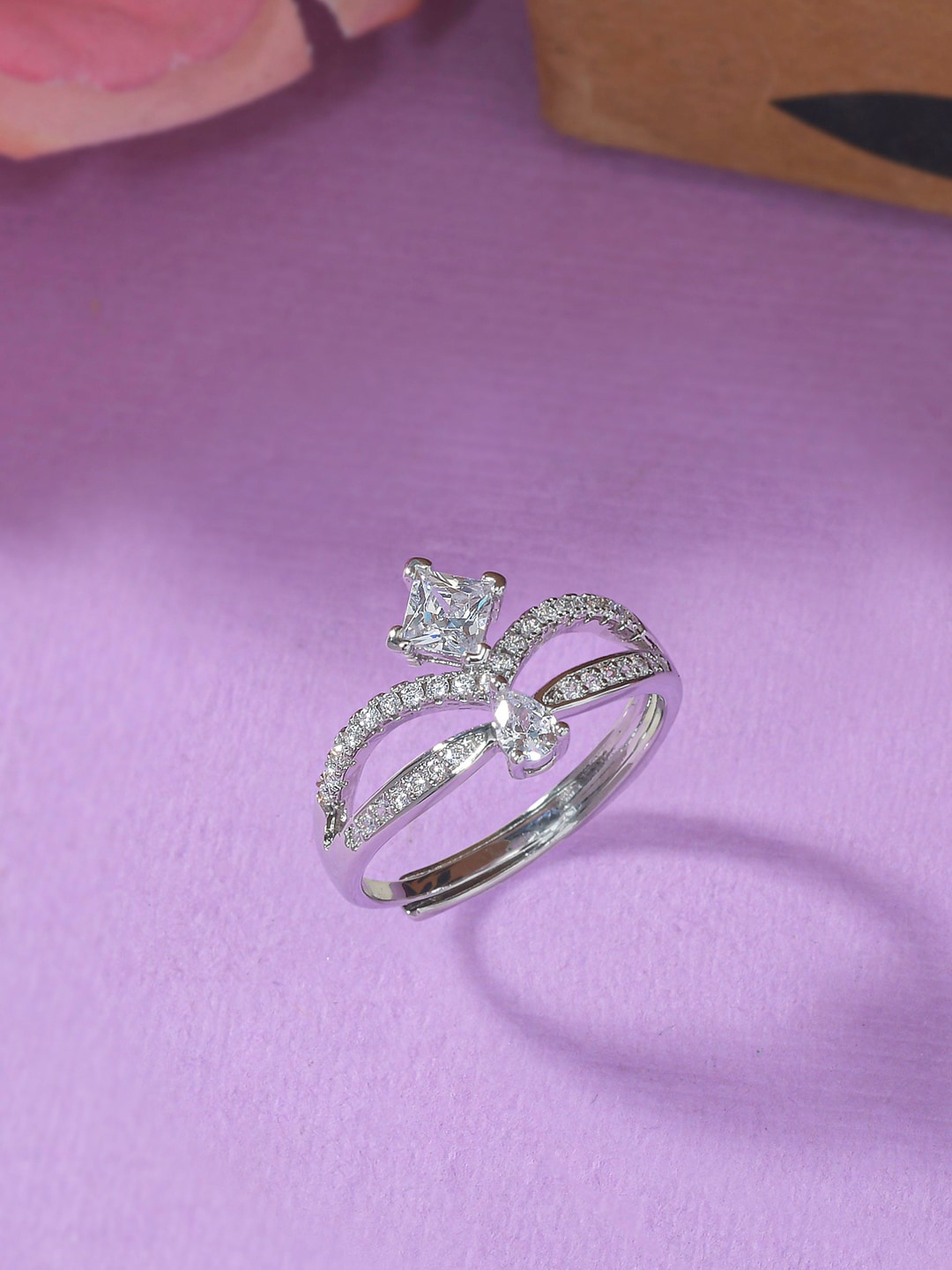 

Voylla Women Silver-Plated White CZ Studded Adjustable Finger Ring